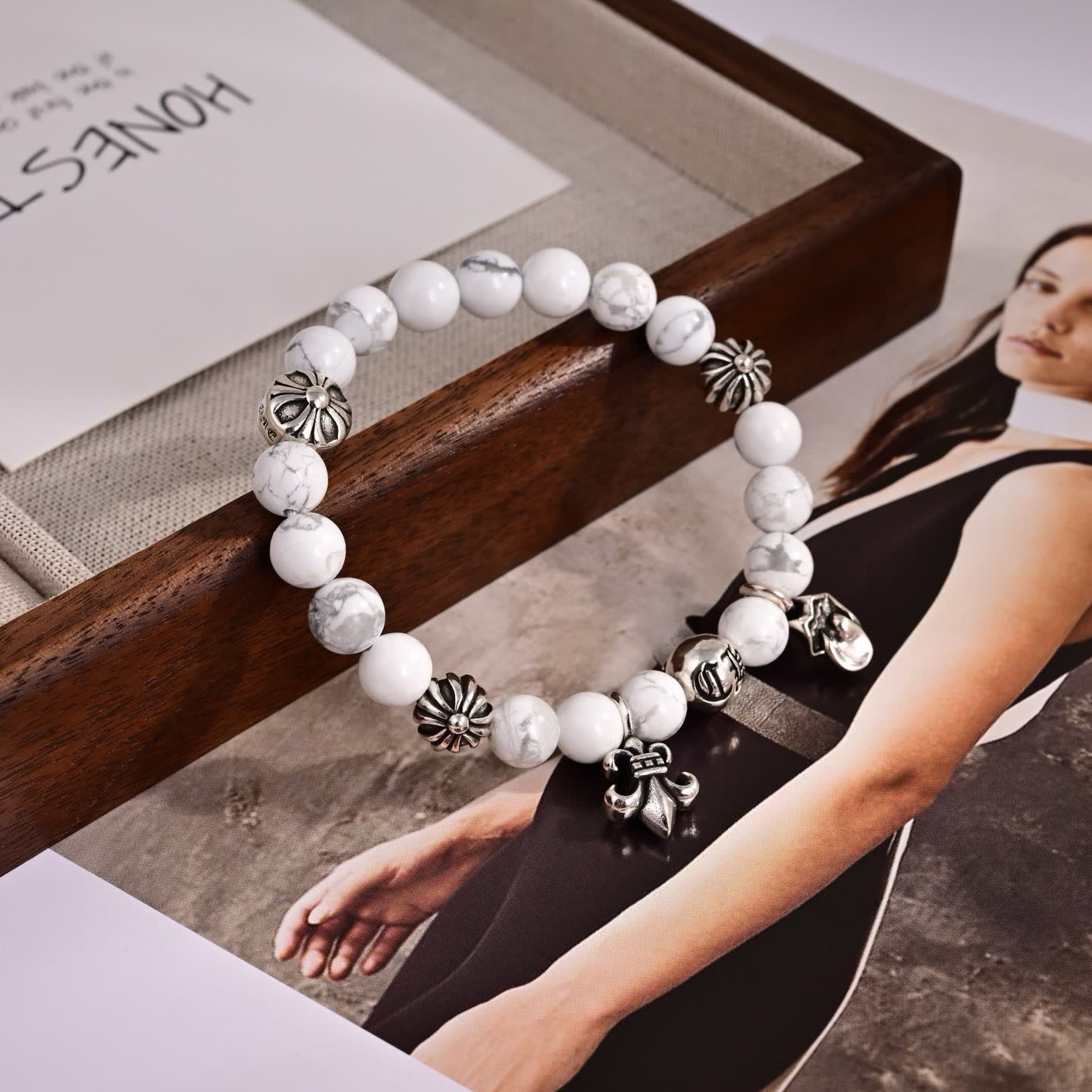 Chrome Hearts White Marble Bead Bracelet with Silver Charms